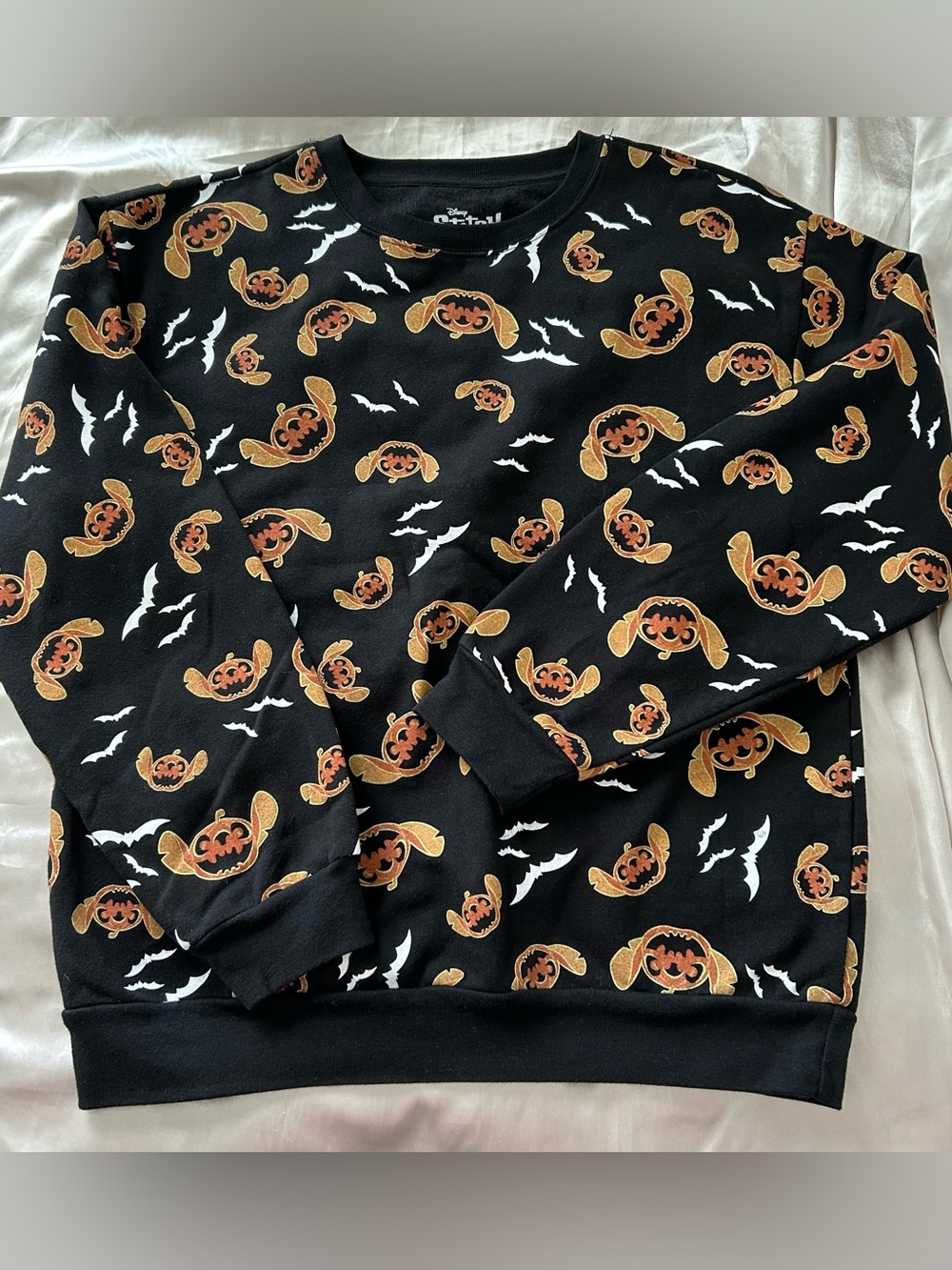 Disney Black Crewneck Sweatshirt with Orange Pumpkin & White Bat Print Halloween